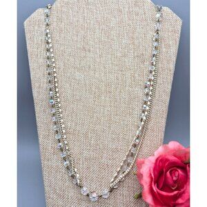 Multi Strand Necklace Clear AB Wash Beads Gold Tone Curb Chain & Snail Chain 55"